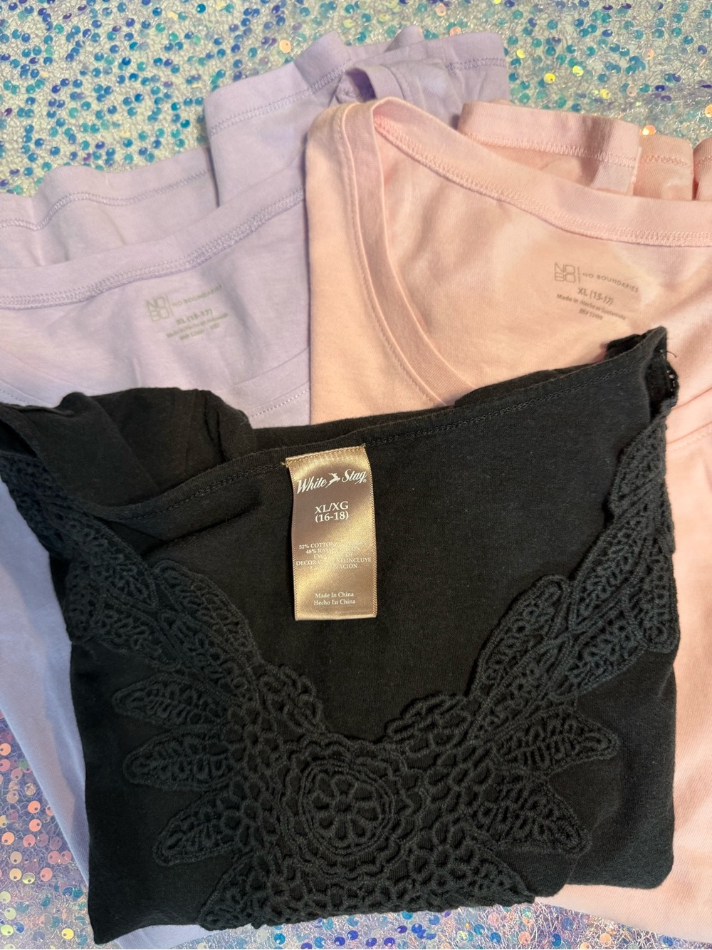 2862-White Stag/No Boundaries Black Lace-Trim Tee, Pink, and Lavender 3 set